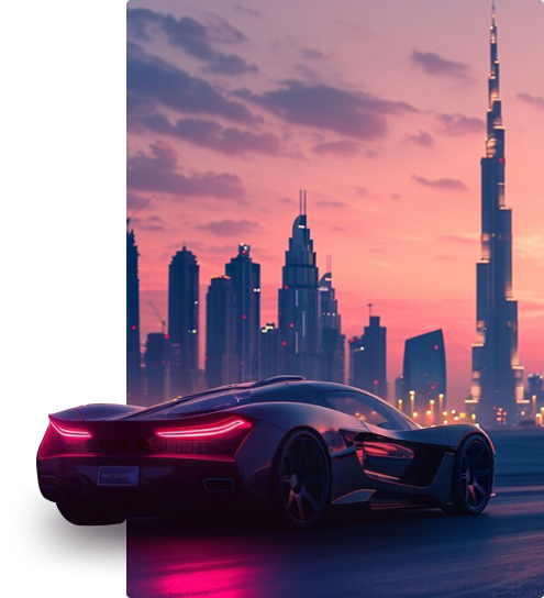 Dubai skyline with a sports car